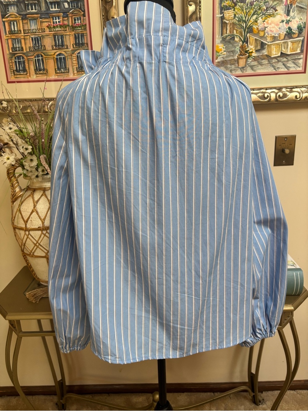 FREE ASSEMBLY Light Blue Striped Ruffle Tie-Neck Blouse Poplin Cotton Top Size M - Picture 5 of 9